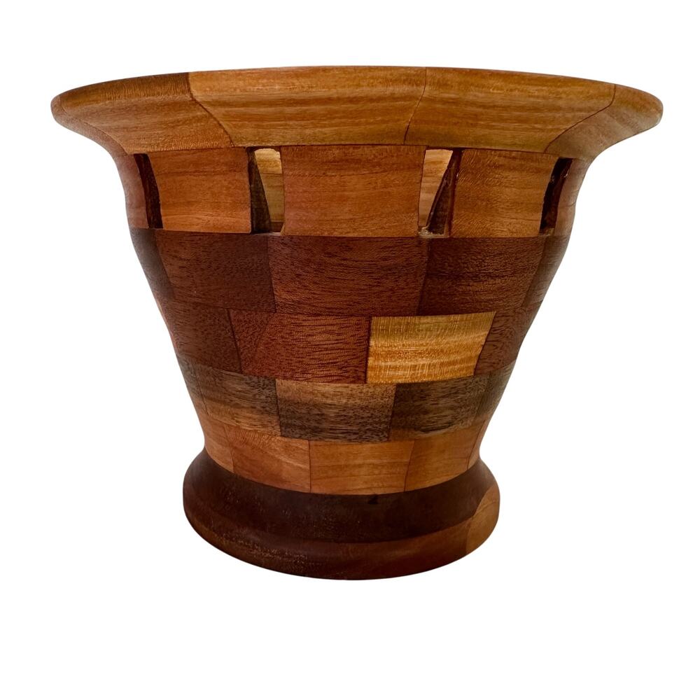 Handcrafted‎ Turned Wood  Vase Open Segmented Trim Natural Home Decor 6" Tall
